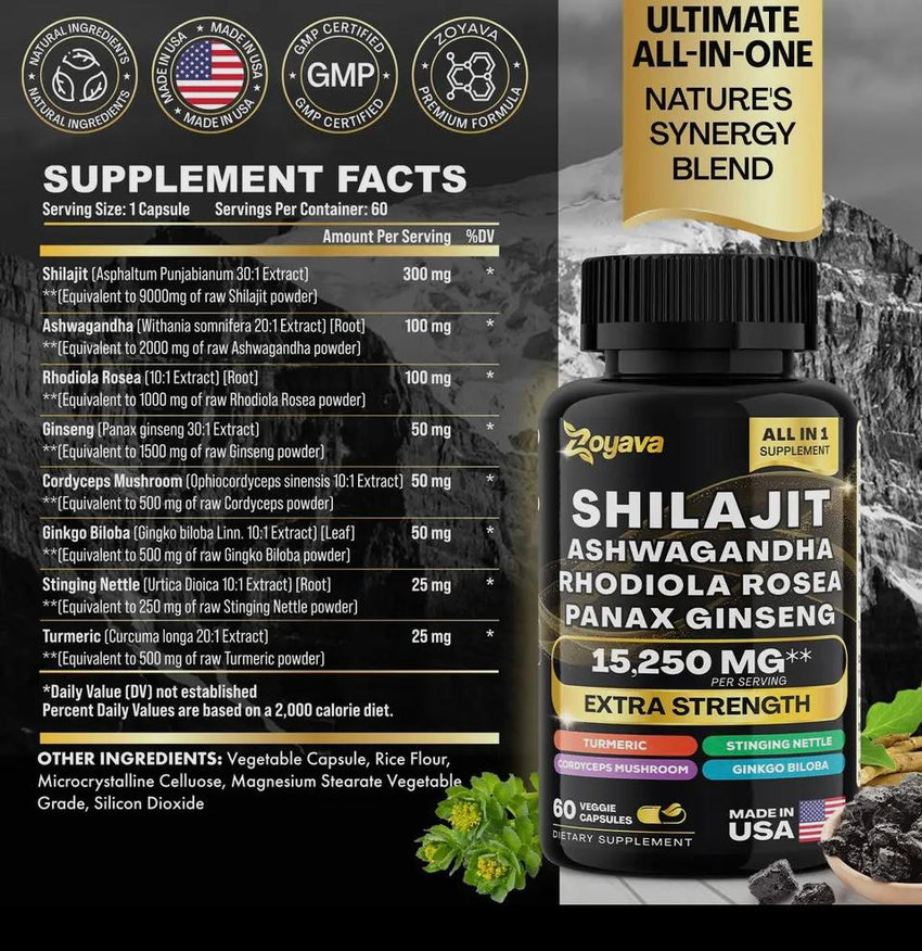 Shilajit, Ashwagandha, Rhodiola Rosea, Panax Ginseng 15.250 MG Extra Strength (60 capsules)