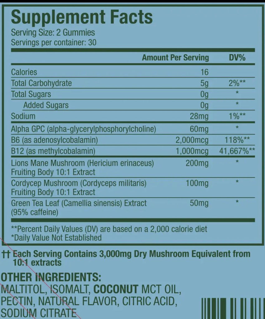 Mushroom (Vegan) Gummies (zero sugar) juicy citrus (Lion’s Mane, Cordyceps, B6, B12 & Green Tea 60 Gummies